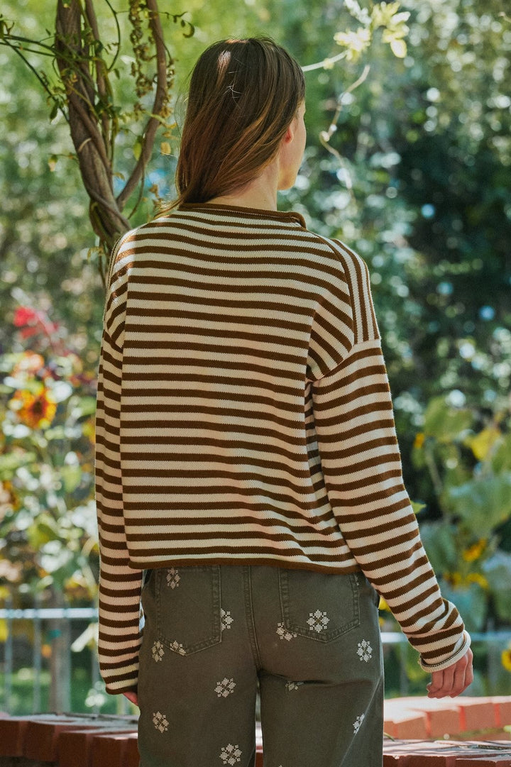 Striped Polo Collar Button Sweater with Rolled Edges in Ivory Brown - Women's Wholesale Cardigans & Shrugs | Trend Notes