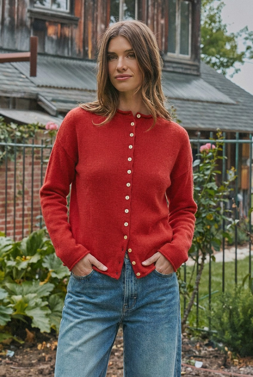 Striped Polo Collar Button Sweater with Rolled Edges in Red - Women's Wholesale Cardigans & Shrugs | Trend Notes