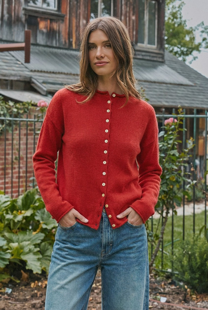 Striped Polo Collar Button Sweater with Rolled Edges in Red - Women's Wholesale Cardigans & Shrugs | Trend Notes