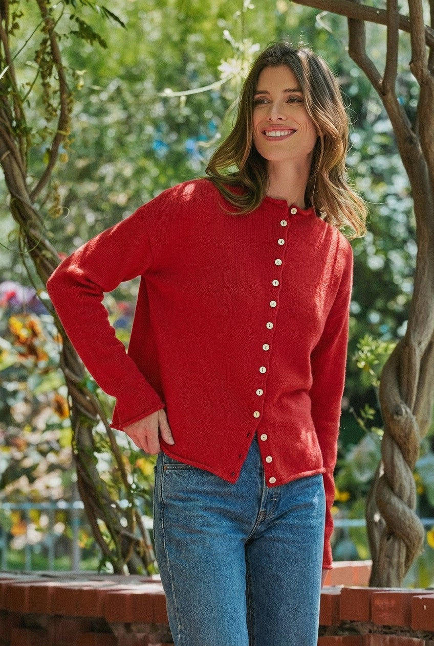 Striped Polo Collar Button Sweater with Rolled Edges in Red - Women's Wholesale Cardigans & Shrugs | Trend Notes