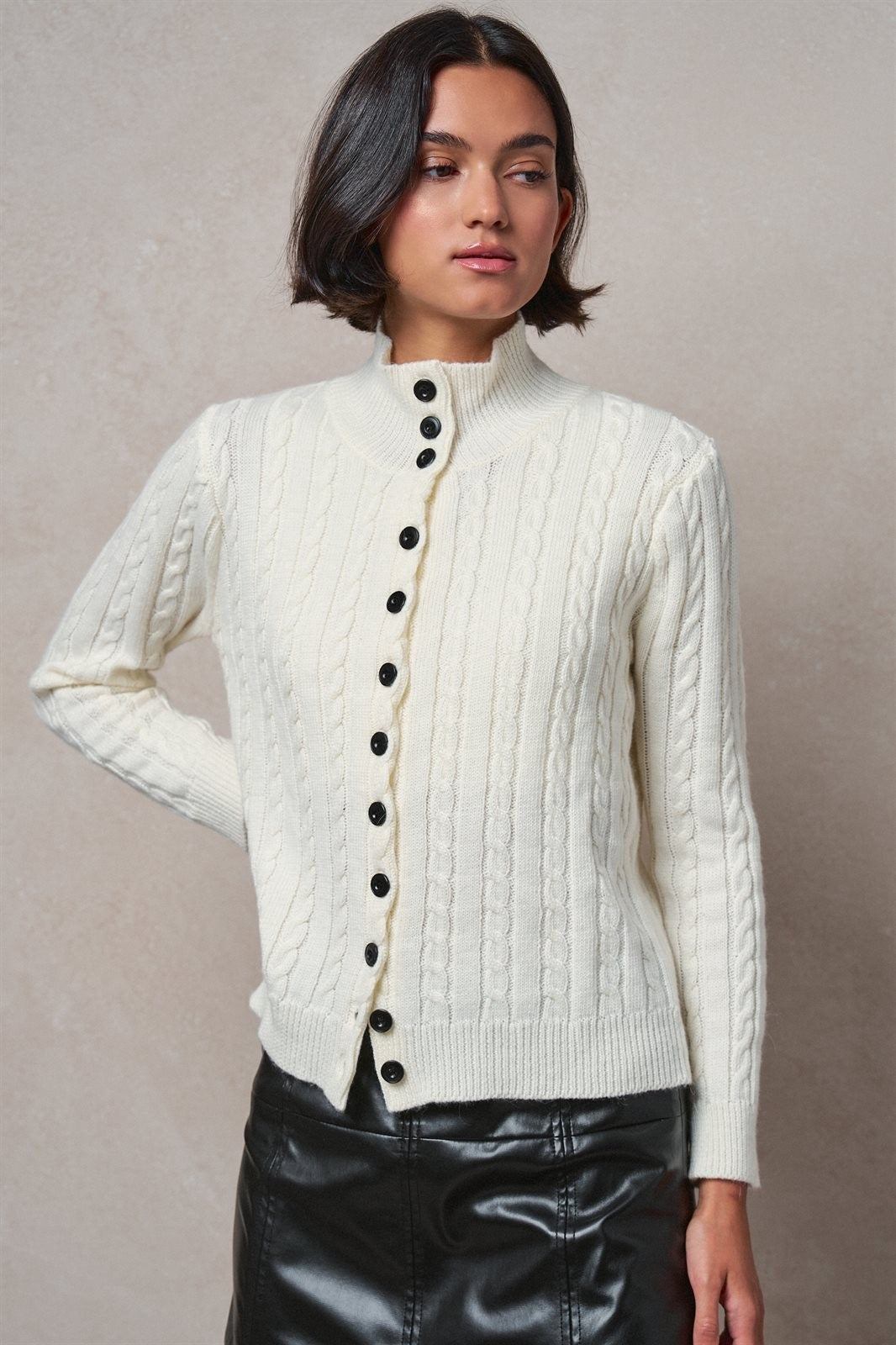 Cable Knit Mock Neck Button-Front Cardigan in Ivory - Women's Wholesale Sweaters | Trend Notes
