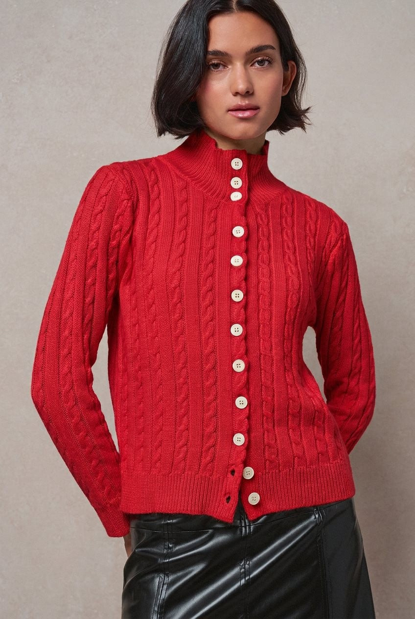 Cable Knit Mock Neck Button-Front Cardigan in Red - Women's Wholesale Sweaters | Trend Notes