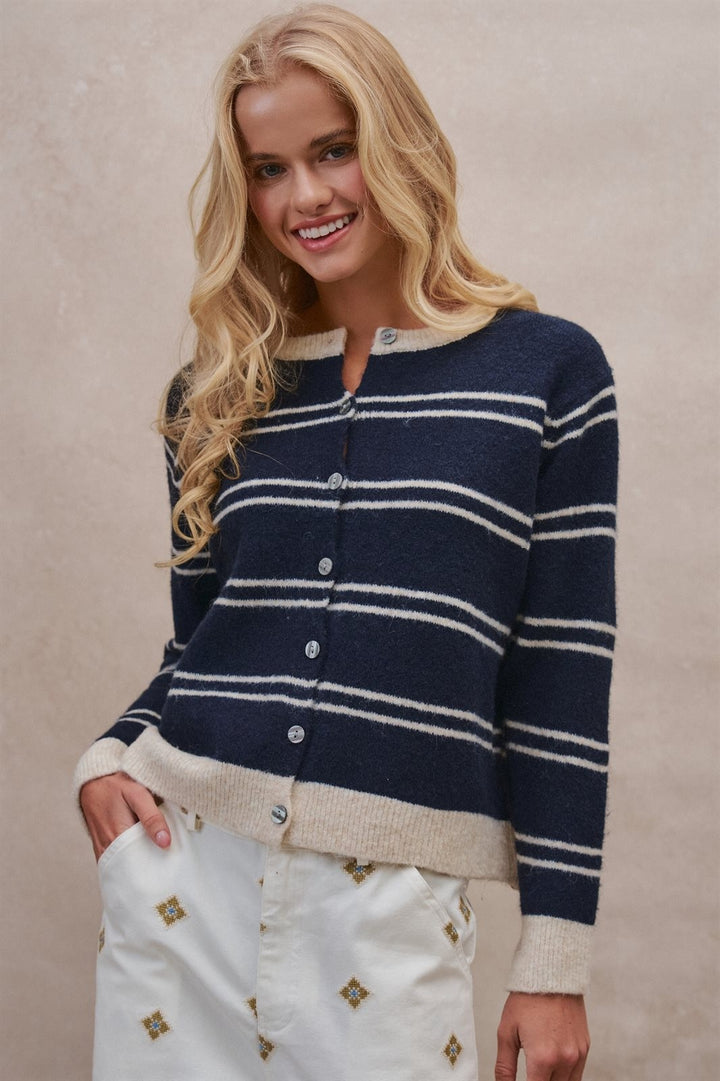 Contrast Stripe Button-Front Cardigan in Navy - Women's Wholesale Cardigans & Shrugs | Trend Notes