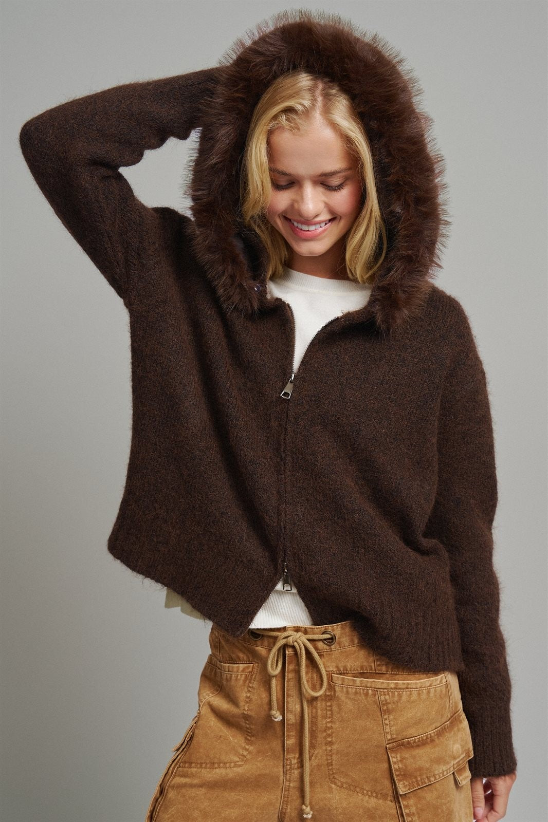 Removable Faux Fur Trim Hooded Zip Cardigan in Brown - Women's Wholesale Cardigans & Shrugs | Trend Notes