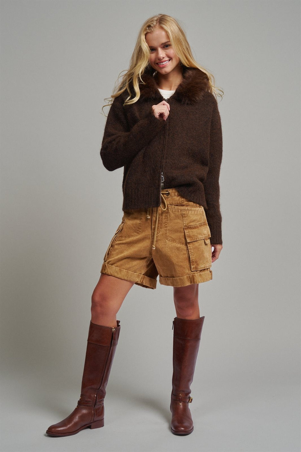 Removable Faux Fur Trim Hooded Zip Cardigan in Brown - Women's Wholesale Cardigans & Shrugs | Trend Notes