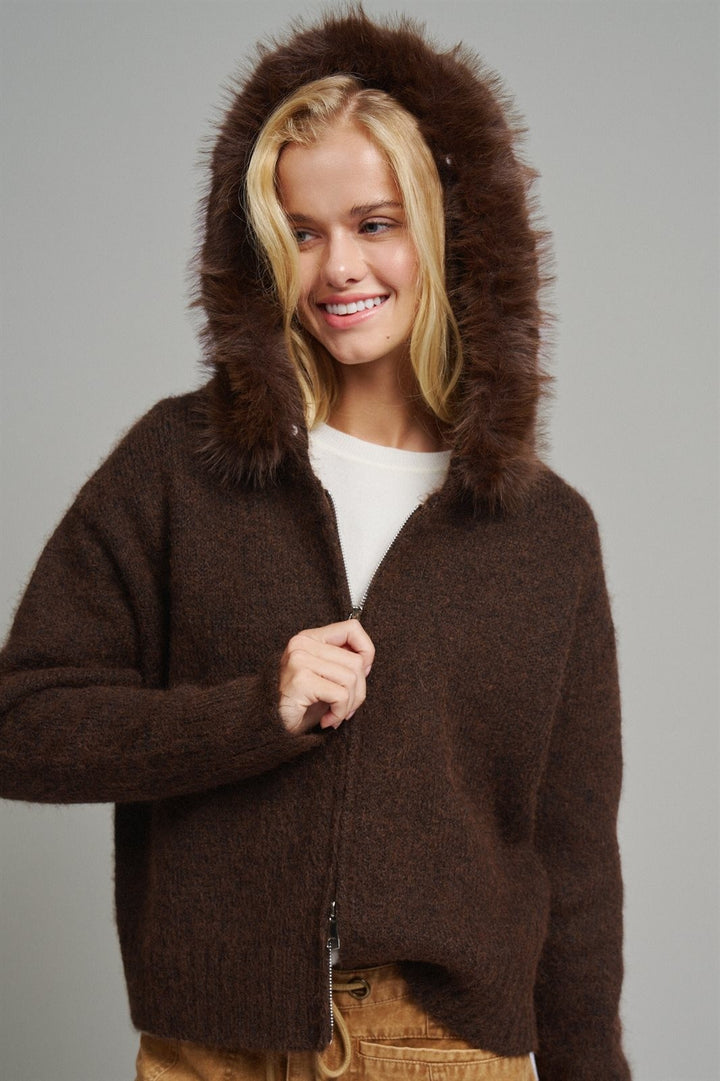 Removable Faux Fur Trim Hooded Zip Cardigan in Brown - Women's Wholesale Cardigans & Shrugs | Trend Notes