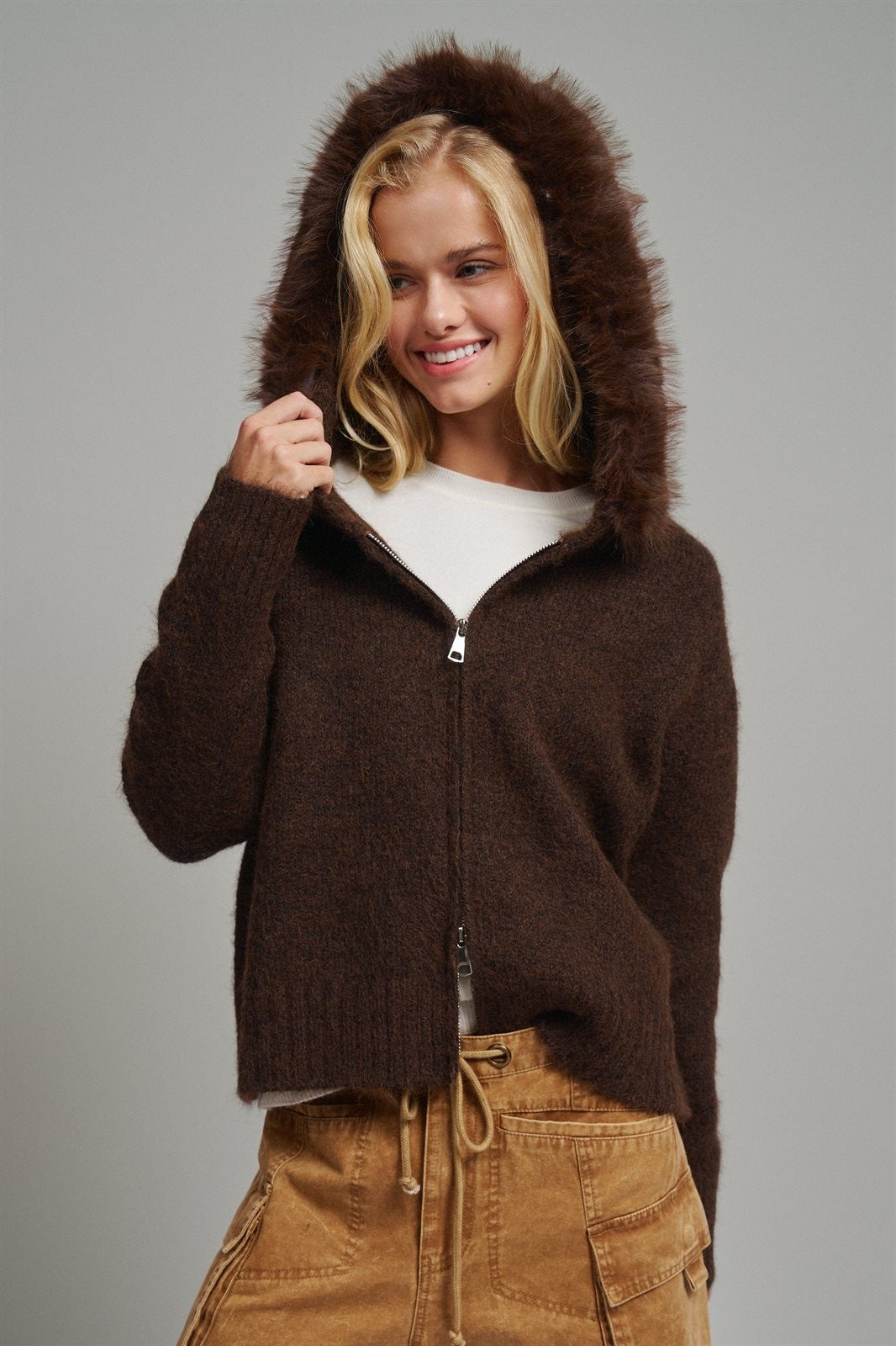 Removable Faux Fur Trim Hooded Zip Cardigan in Brown - Women's Wholesale Cardigans & Shrugs | Trend Notes