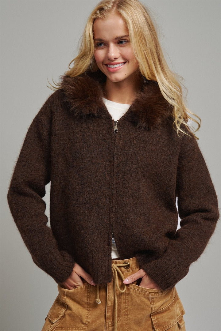 Removable Faux Fur Trim Hooded Zip Cardigan in Brown - Women's Wholesale Cardigans & Shrugs | Trend Notes