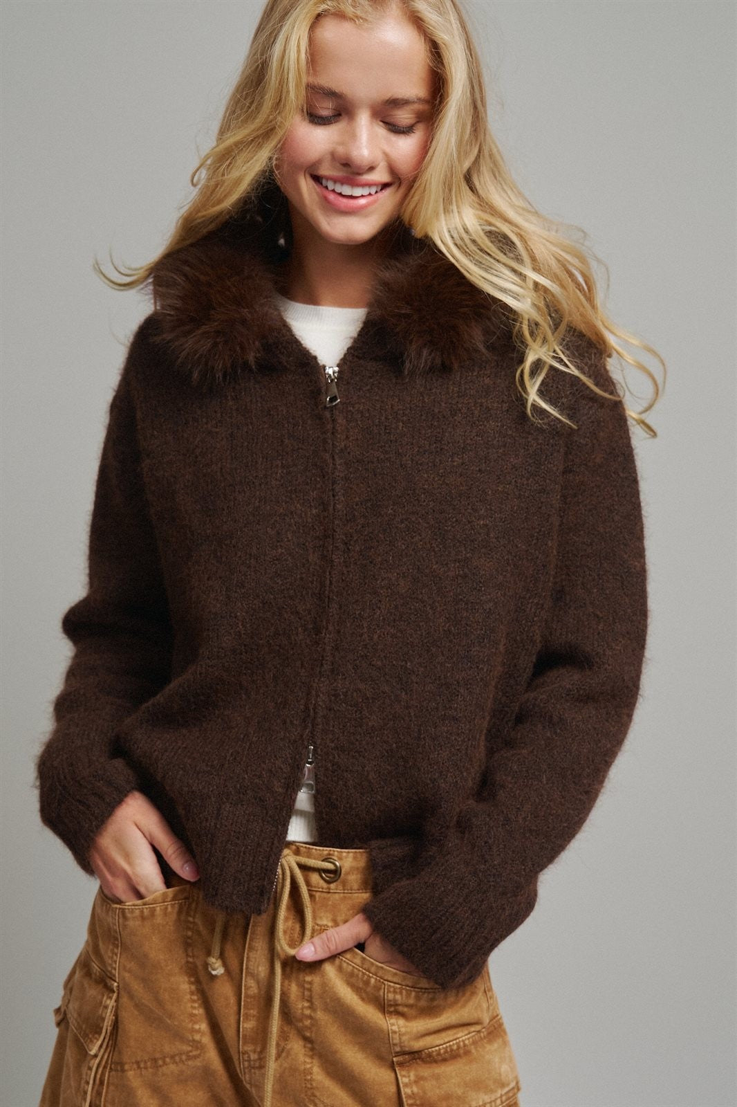 Removable Faux Fur Trim Hooded Zip Cardigan in Brown - Women's Wholesale Cardigans & Shrugs | Trend Notes