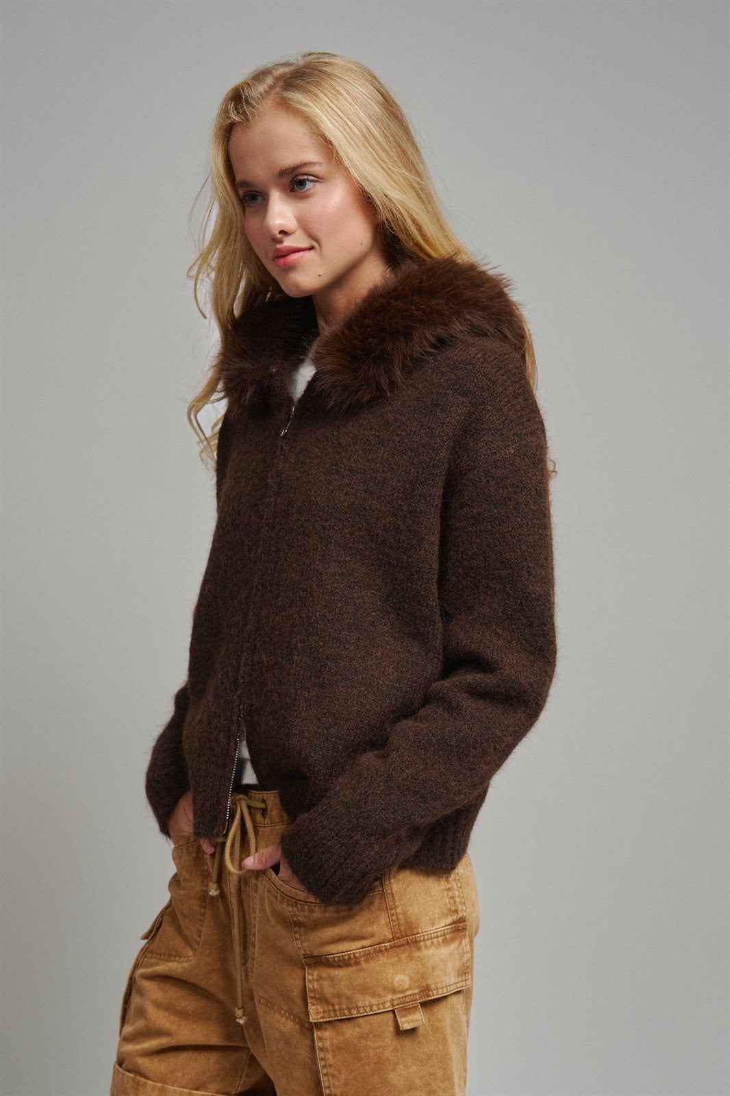 Removable Faux Fur Trim Hooded Zip Cardigan in Brown - Women's Wholesale Cardigans & Shrugs | Trend Notes
