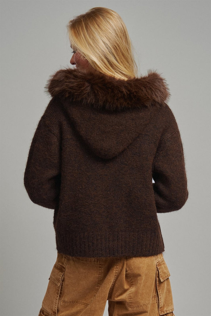 Removable Faux Fur Trim Hooded Zip Cardigan in Brown - Women's Wholesale Cardigans & Shrugs | Trend Notes