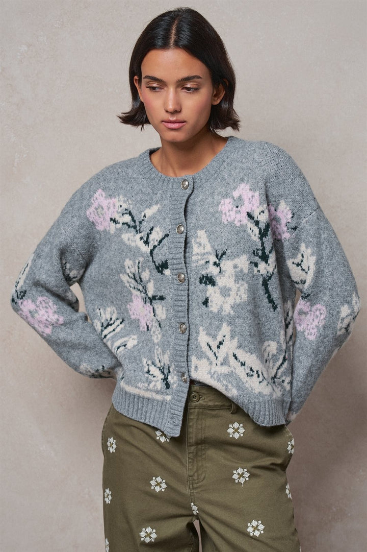 Floral Intarsia Knit Cardigan in Grey - Women's Wholesale Cardigans & Shrugs | Trend Notes