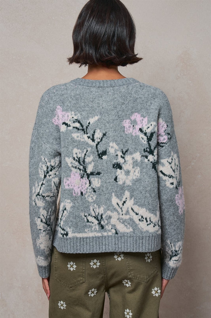 Floral Intarsia Knit Cardigan in Grey - Women's Wholesale Cardigans & Shrugs | Trend Notes