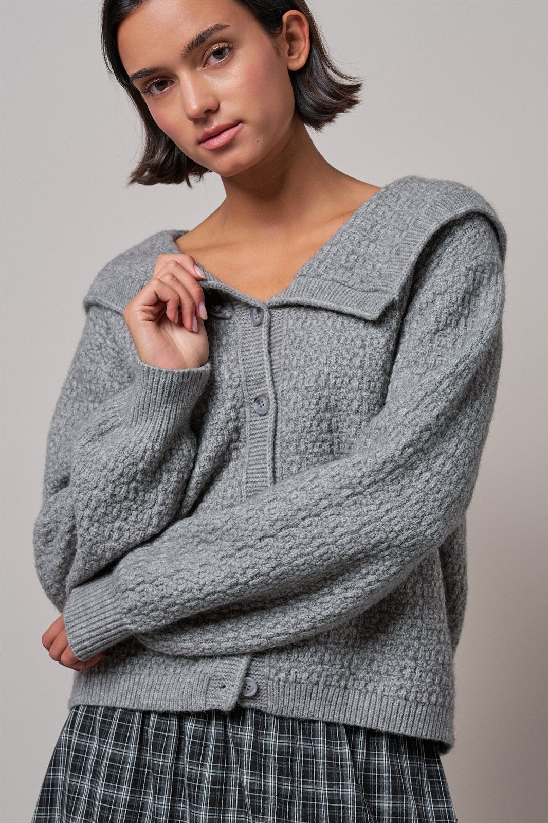Statement Collar Snap Cardigan in Grey - Women's Wholesale Cardigans & Shrugs | Trend Notes