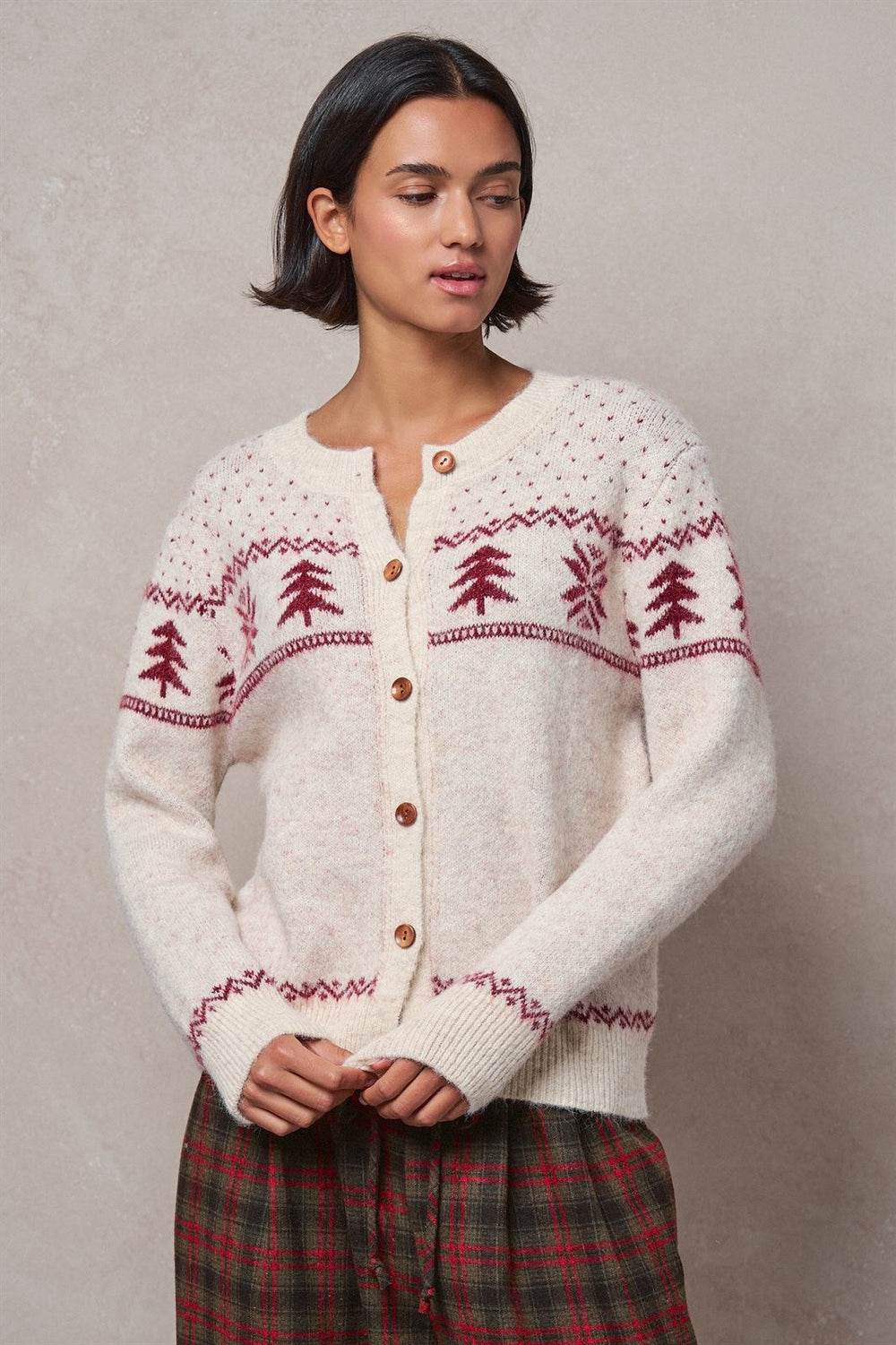 Fair Isle Pine Tree Knit Cardigan in Ivory - Women's Wholesale Cardigans & Shrugs | Trend Notes
