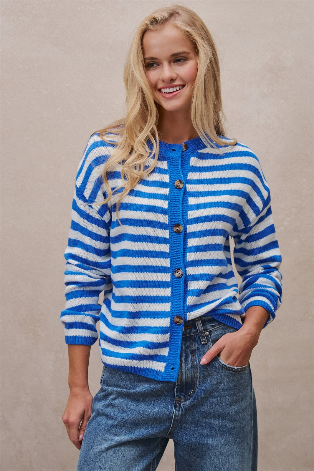 Breton Stripe Button Cardigan in Ivory Blue - Women's Wholesale Cardigans & Shrugs | Trend Notes