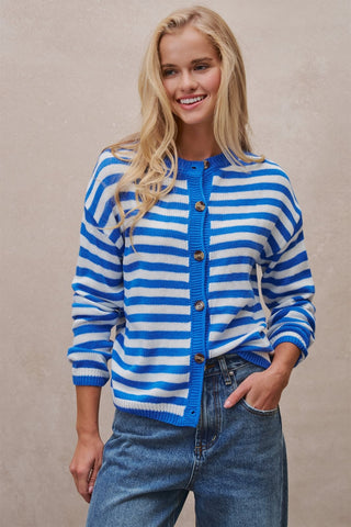 Breton Stripe Button Cardigan in Ivory Blue - Women's Wholesale Cardigans & Shrugs | Trend Notes