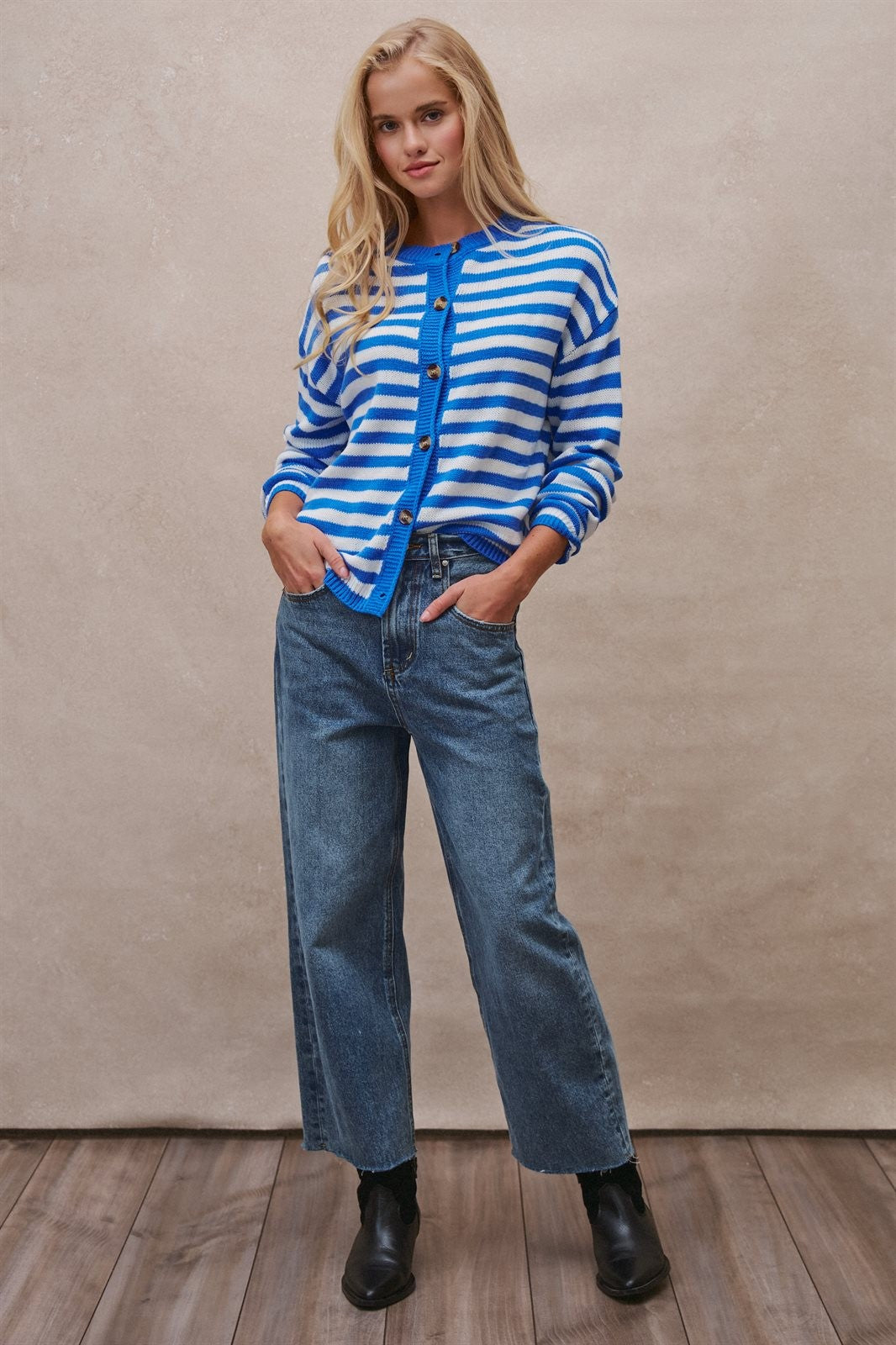 Breton Stripe Button Cardigan in Ivory Blue - Women's Wholesale Cardigans & Shrugs | Trend Notes
