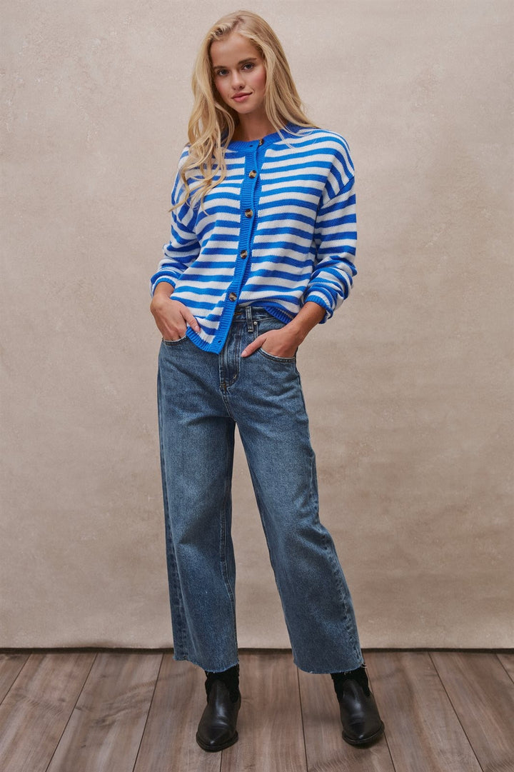 Breton Stripe Button Cardigan in Ivory Blue - Women's Wholesale Cardigans & Shrugs | Trend Notes