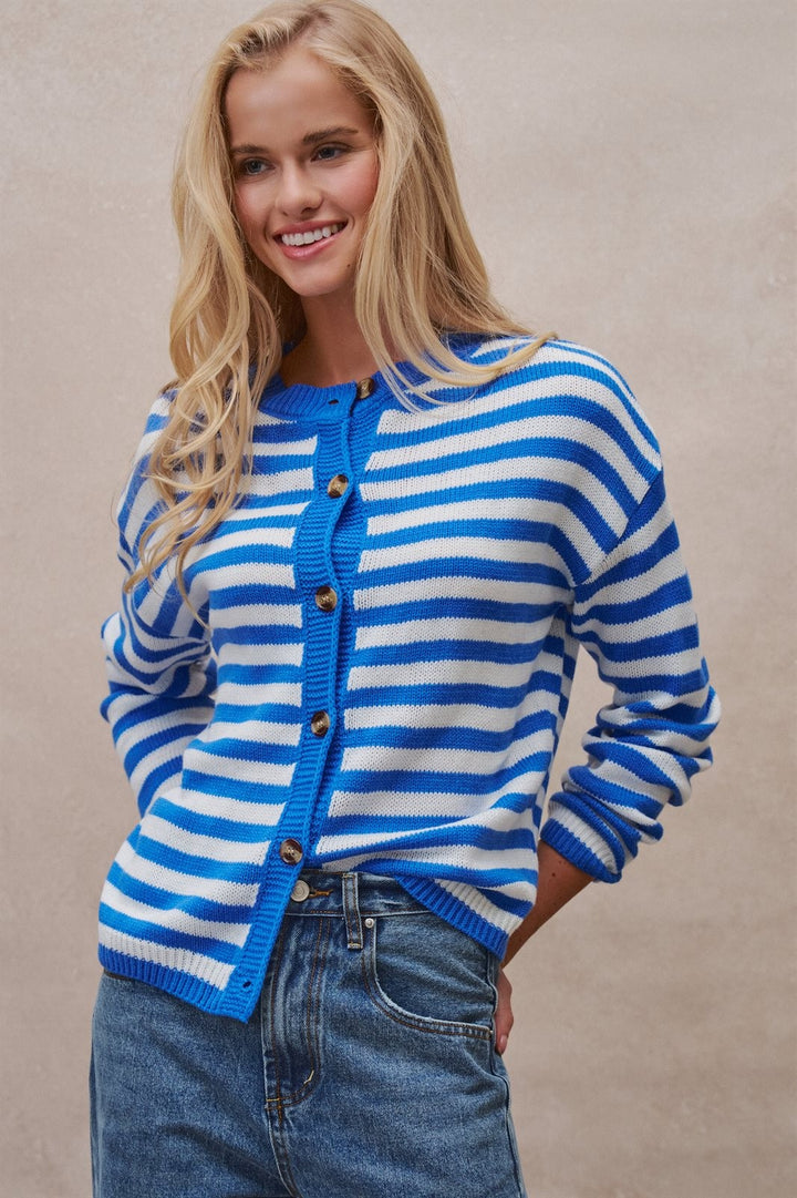 Breton Stripe Button Cardigan in Ivory Blue - Women's Wholesale Cardigans & Shrugs | Trend Notes