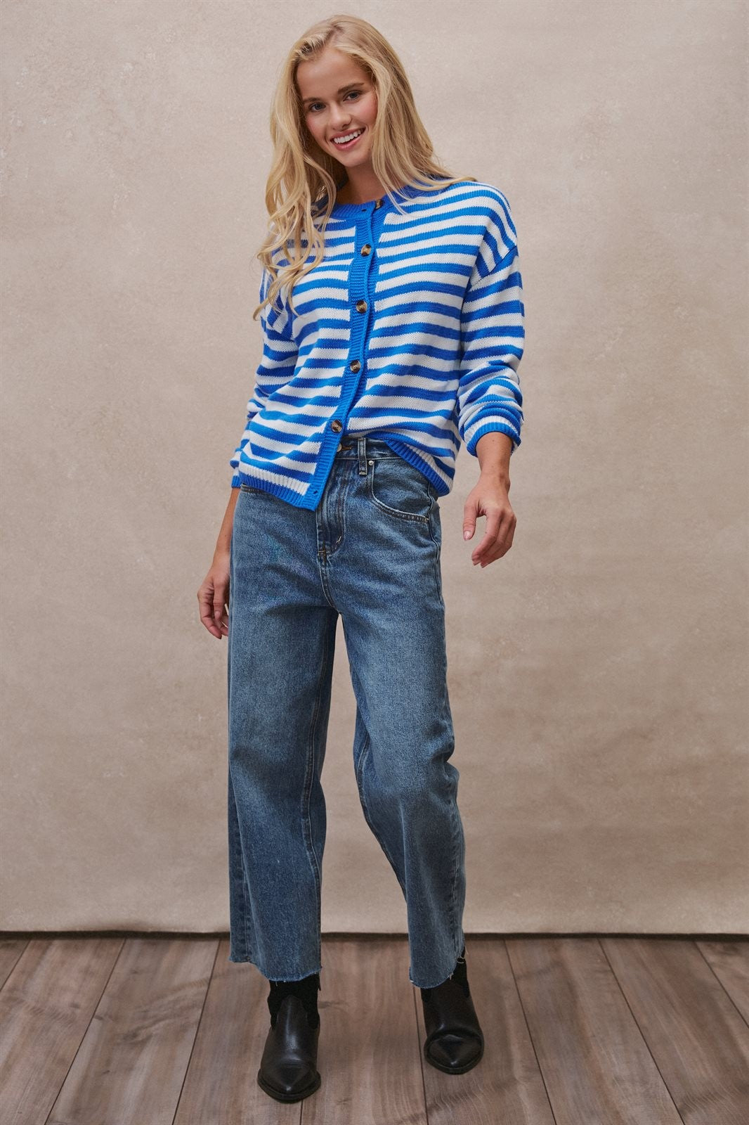 Breton Stripe Button Cardigan in Ivory Blue - Women's Wholesale Cardigans & Shrugs | Trend Notes