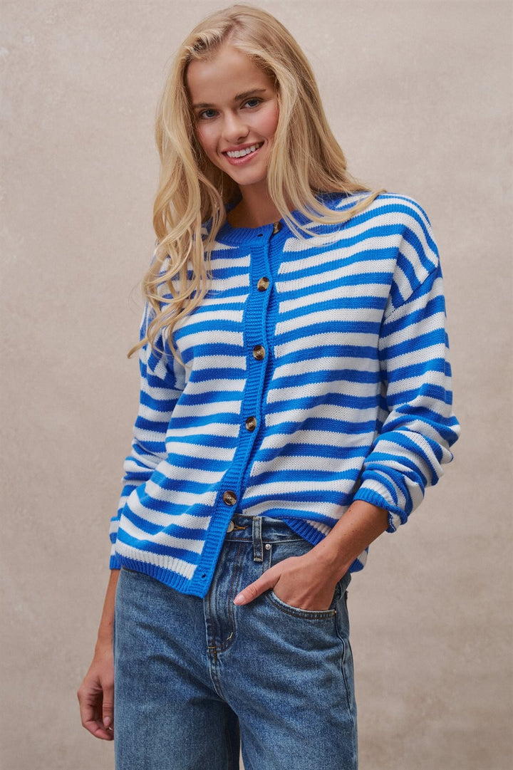 Breton Stripe Button Cardigan in Ivory Blue - Women's Wholesale Cardigans & Shrugs | Trend Notes