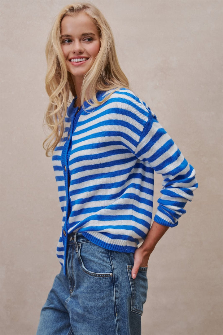 Breton Stripe Button Cardigan in Ivory Blue - Women's Wholesale Cardigans & Shrugs | Trend Notes
