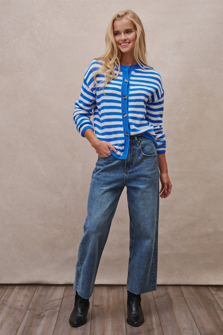 Breton Stripe Button Cardigan in Ivory Blue - Women's Wholesale Cardigans & Shrugs | Trend Notes