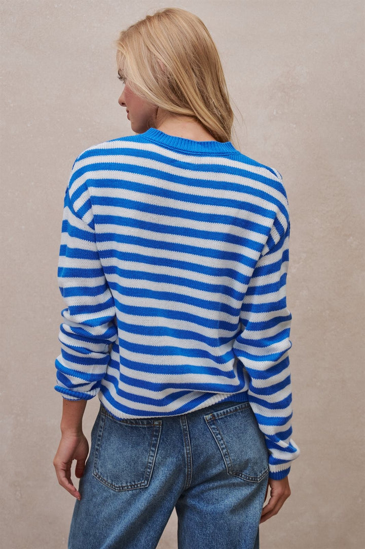 Breton Stripe Button Cardigan in Ivory Blue - Women's Wholesale Cardigans & Shrugs | Trend Notes