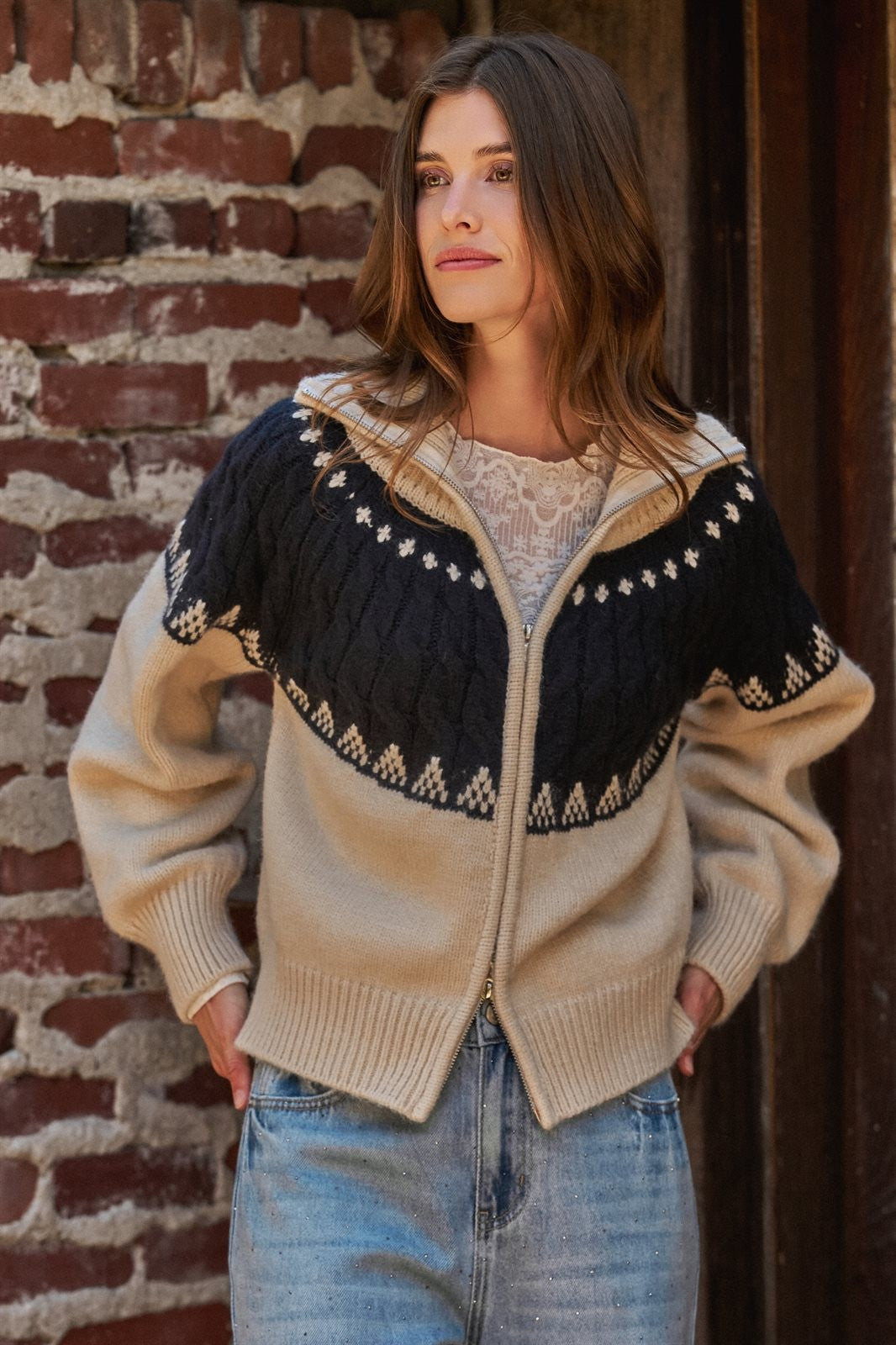 Fair Isle Colorblock Zip-Up Knit Cardigan in Ivory Navy - Women's Wholesale Cardigans & Shrugs | Trend Notes