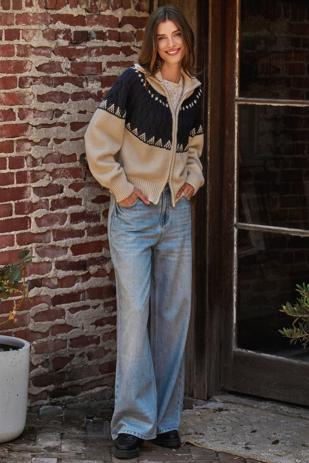 Fair Isle Colorblock Zip-Up Knit Cardigan in Ivory Navy - Women's Wholesale Cardigans & Shrugs | Trend Notes