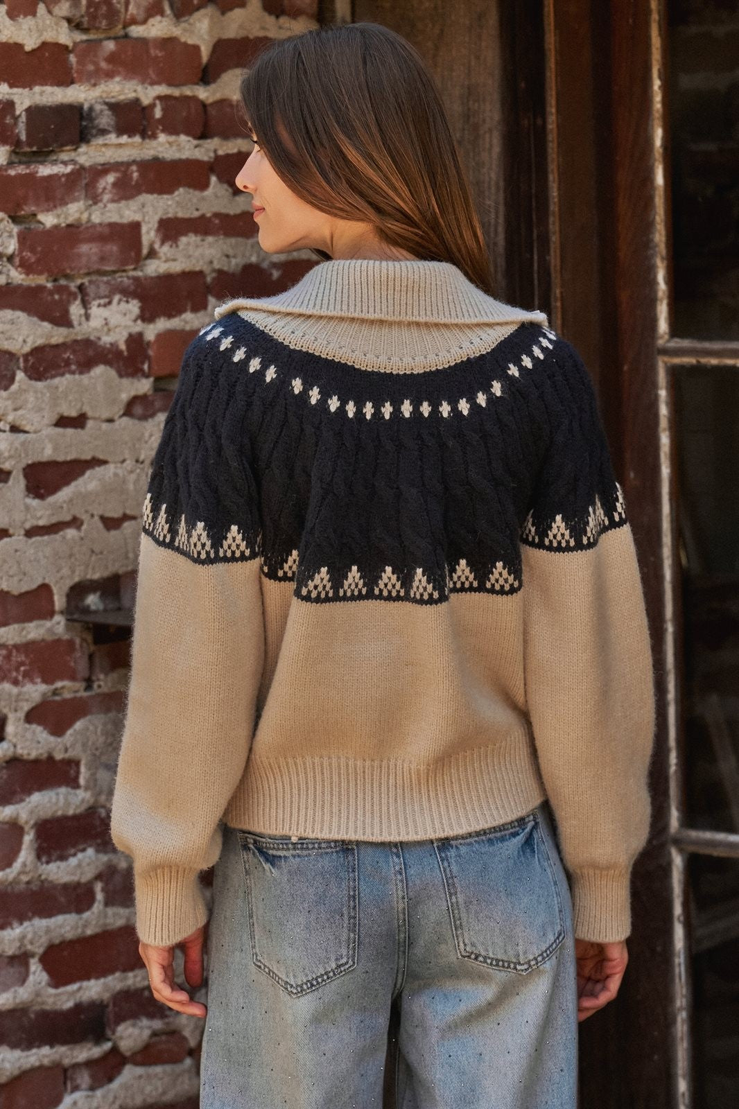 Fair Isle Colorblock Zip-Up Knit Cardigan in Ivory Navy - Women's Wholesale Cardigans & Shrugs | Trend Notes