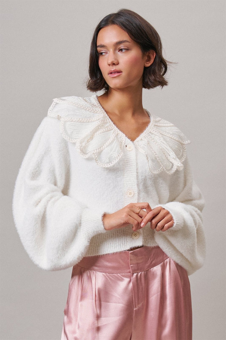 Storybook Lace Collar Knit Cardigan in Ivory - Women's Wholesale Cardigans & Shrugs | Trend Notes