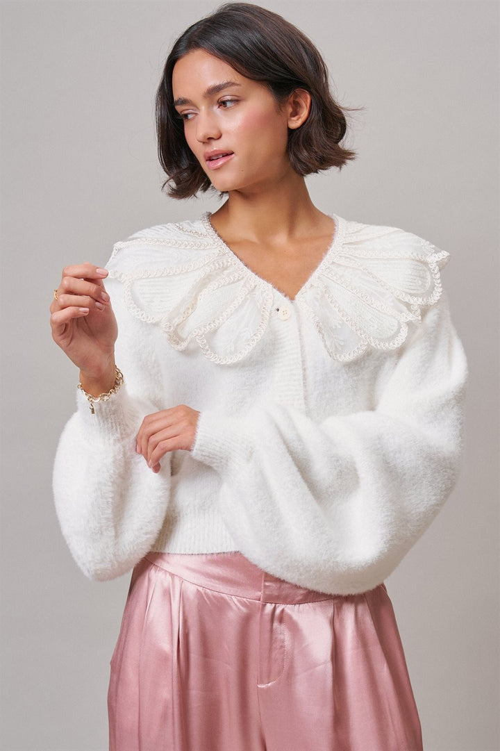 Storybook Lace Collar Knit Cardigan in Ivory - Women's Wholesale Cardigans & Shrugs | Trend Notes