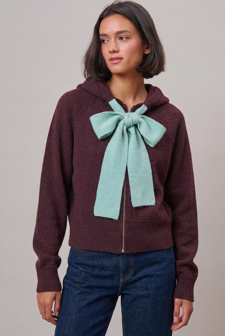 Red Bow-Tie Knit Hoodie Cardigan in Burgundy - Women's Wholesale Cardigans & Shrugs | Trend Notes