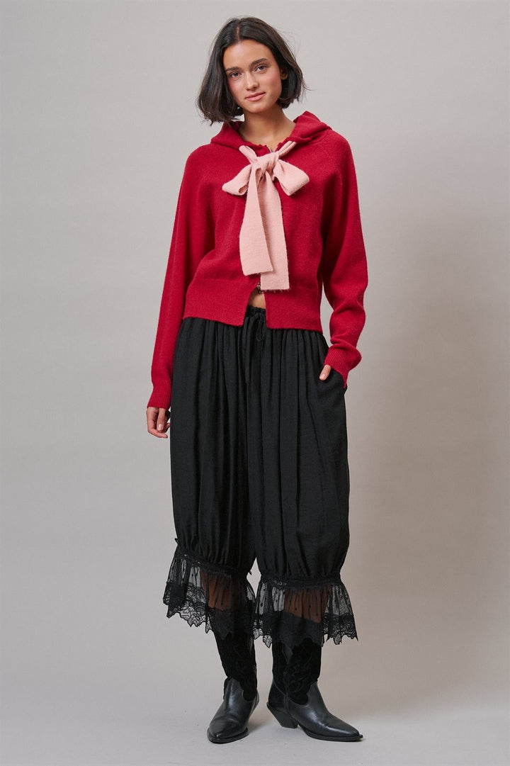 Red Bow-Tie Knit Hoodie Cardigan in Red Pink - Women's Wholesale Cardigans & Shrugs | Trend Notes
