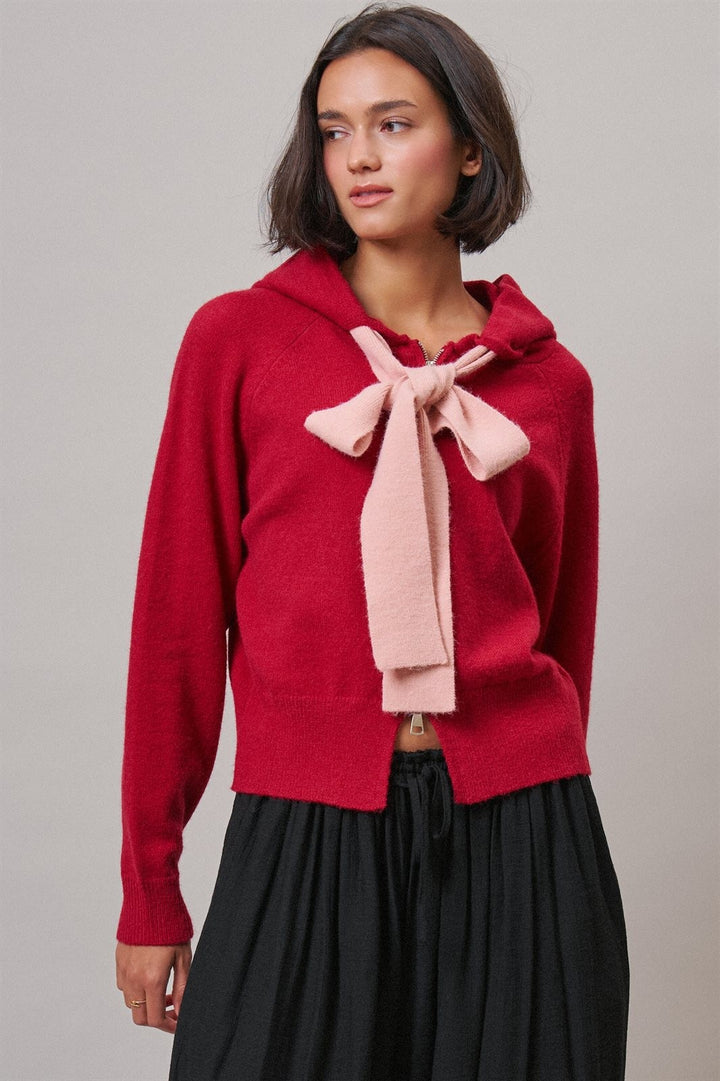 Red Bow-Tie Knit Hoodie Cardigan in Red Pink - Women's Wholesale Cardigans & Shrugs | Trend Notes