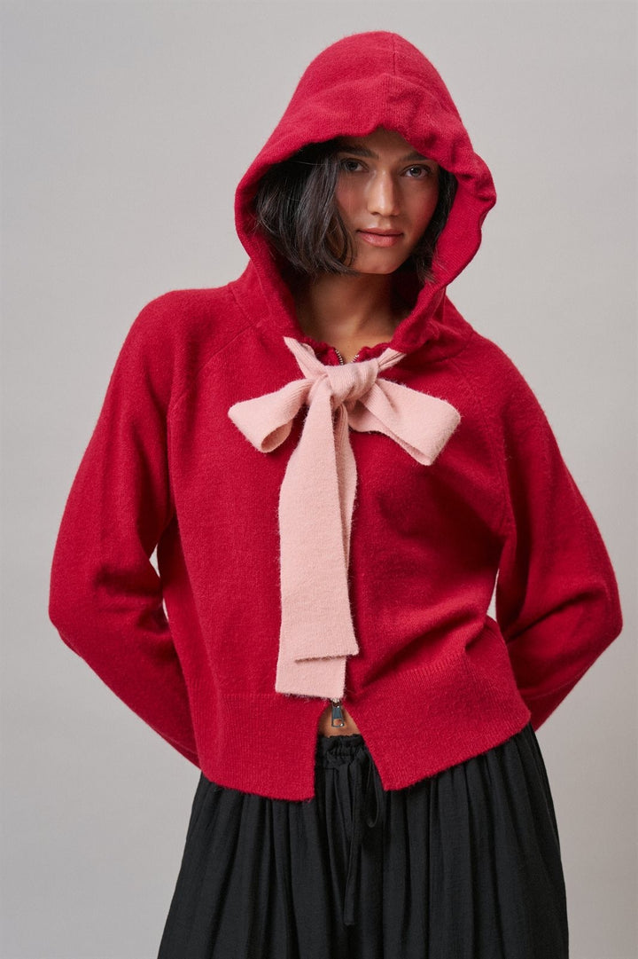 Red Bow-Tie Knit Hoodie Cardigan in Red Pink - Women's Wholesale Cardigans & Shrugs | Trend Notes