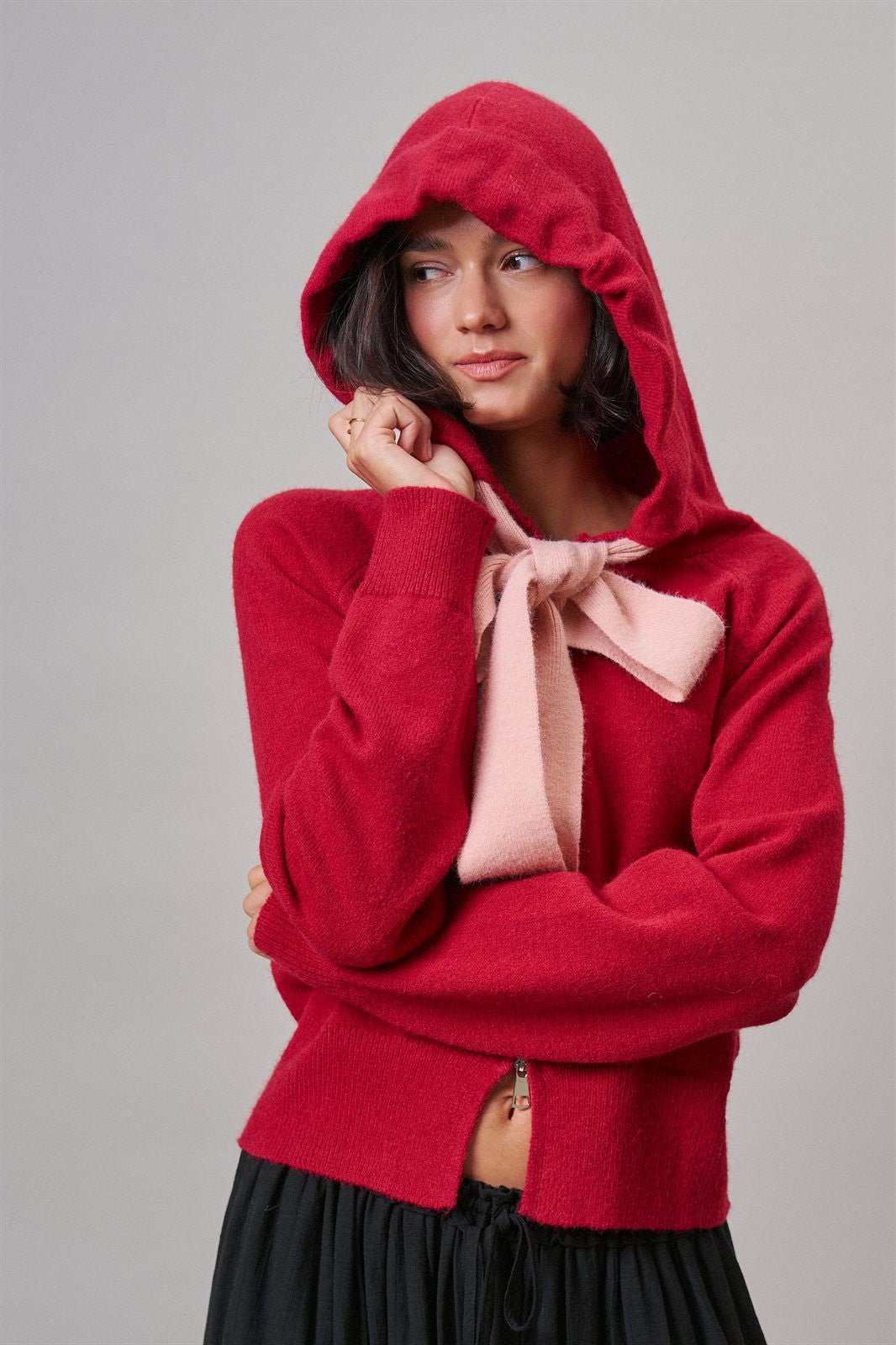 Red Bow-Tie Knit Hoodie Cardigan in Red Pink - Women's Wholesale Cardigans & Shrugs | Trend Notes