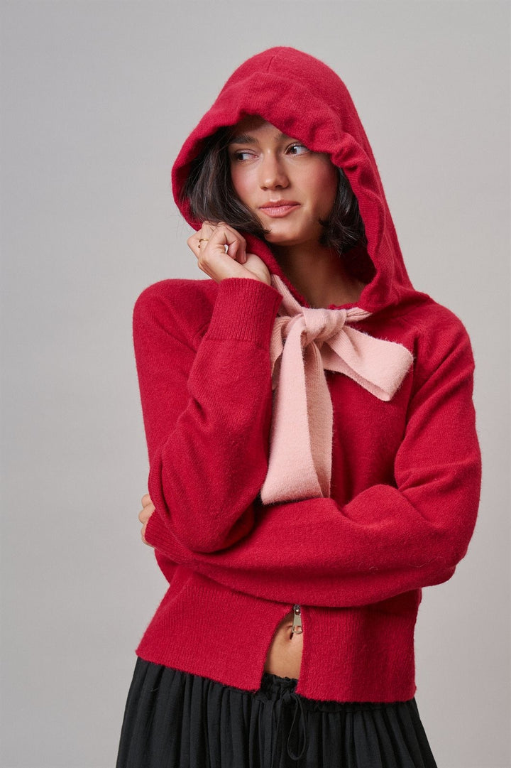 Red Bow-Tie Knit Hoodie Cardigan in Red Pink - Women's Wholesale Cardigans & Shrugs | Trend Notes