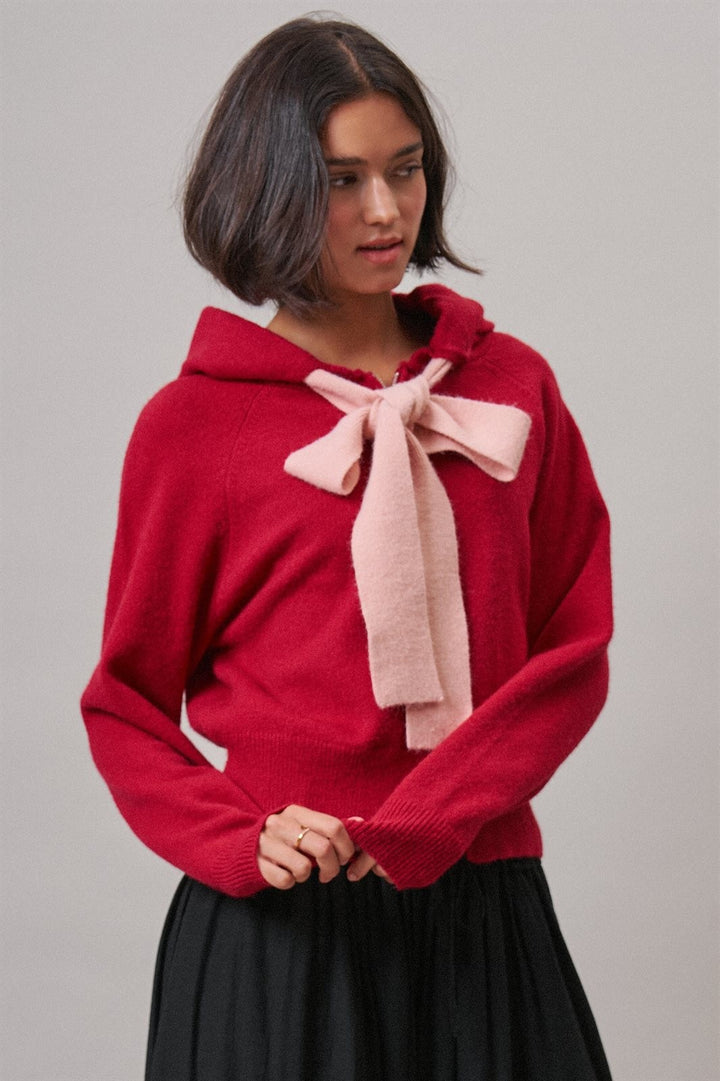 Red Bow-Tie Knit Hoodie Cardigan in Red Pink - Women's Wholesale Cardigans & Shrugs | Trend Notes