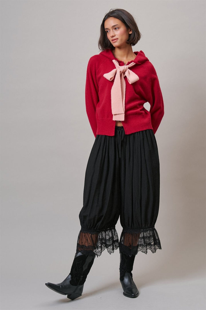Red Bow-Tie Knit Hoodie Cardigan in Red Pink - Women's Wholesale Cardigans & Shrugs | Trend Notes