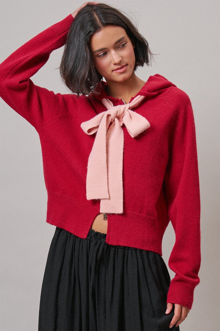 Red Bow-Tie Knit Hoodie Cardigan in Red Pink - Women's Wholesale Cardigans & Shrugs | Trend Notes