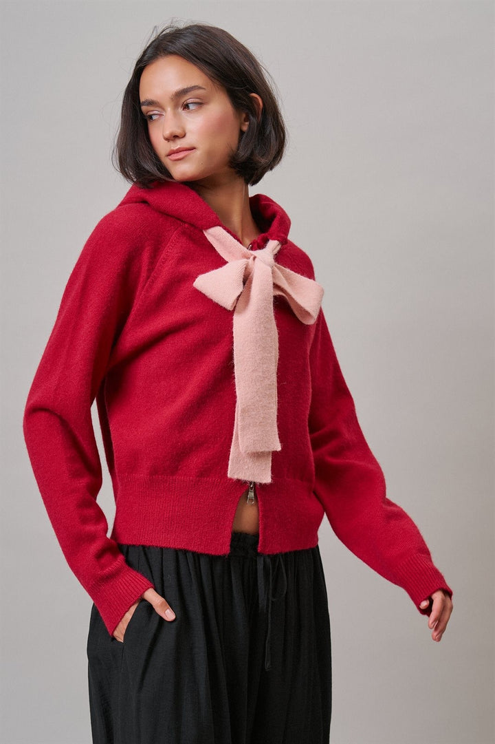 Red Bow-Tie Knit Hoodie Cardigan in Red Pink - Women's Wholesale Cardigans & Shrugs | Trend Notes