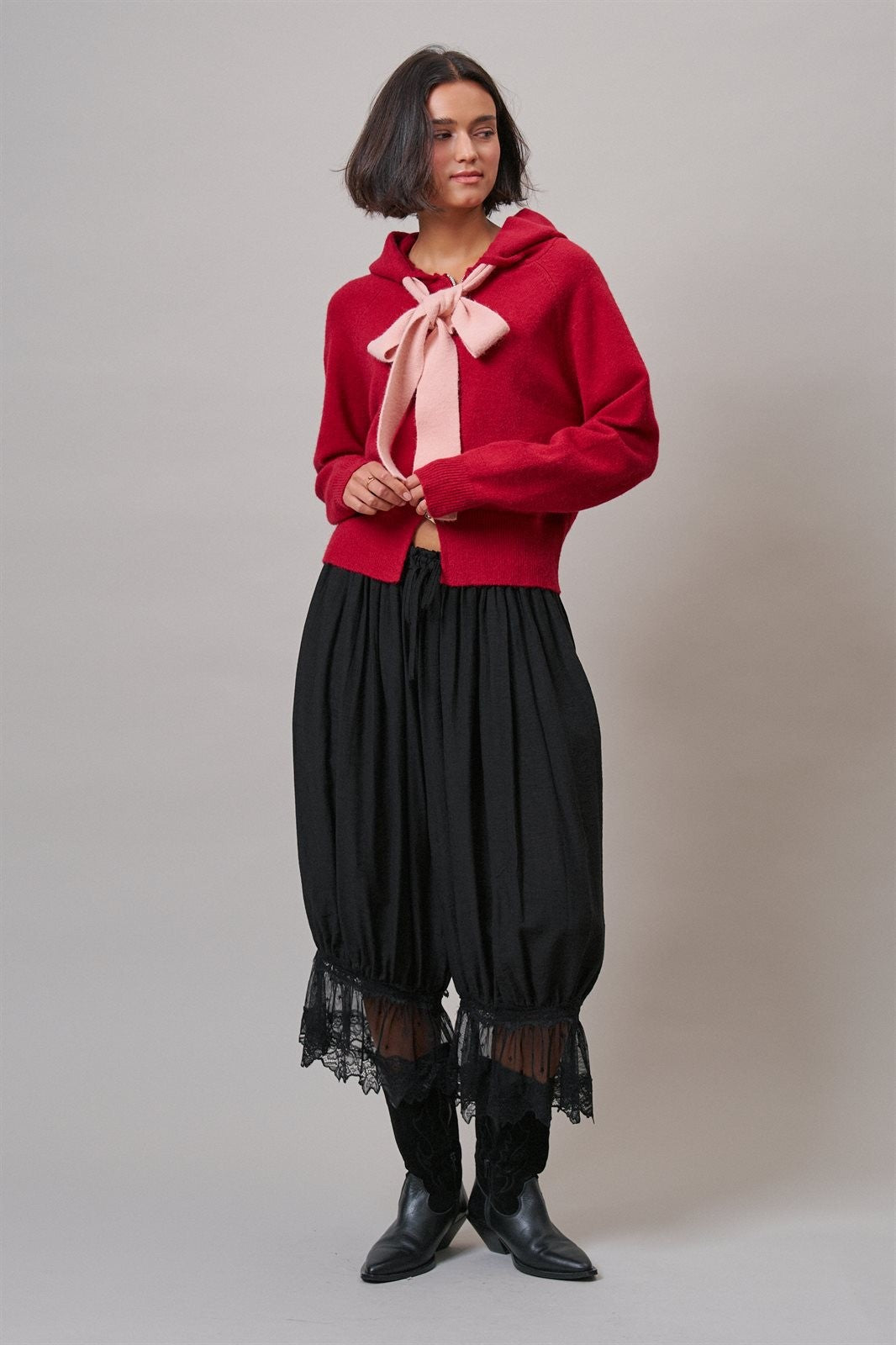Red Bow-Tie Knit Hoodie Cardigan in Red Pink - Women's Wholesale Cardigans & Shrugs | Trend Notes