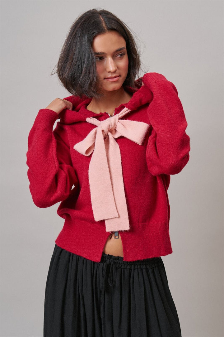 Red Bow-Tie Knit Hoodie Cardigan in Red Pink - Women's Wholesale Cardigans & Shrugs | Trend Notes
