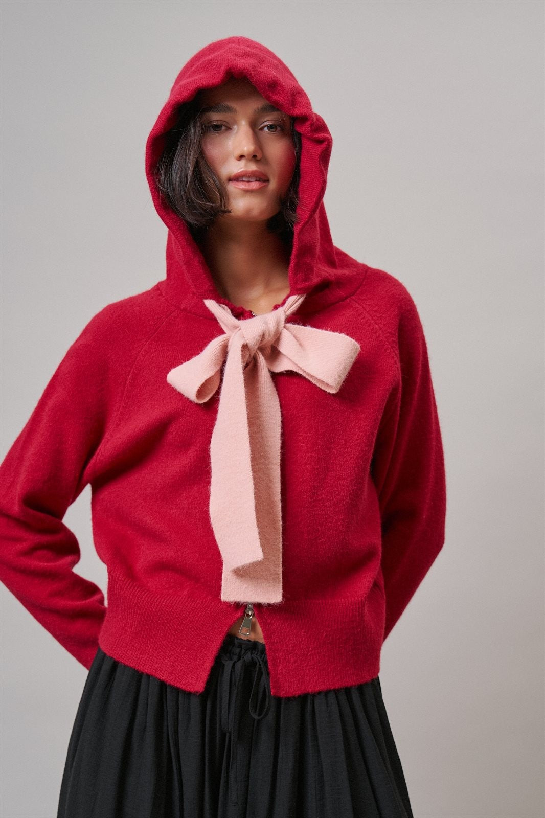 Red Bow-Tie Knit Hoodie Cardigan in Red Pink - Women's Wholesale Cardigans & Shrugs | Trend Notes