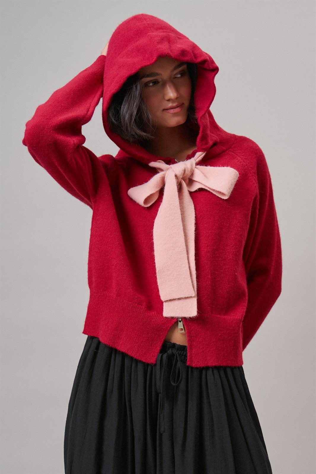 Red Bow-Tie Knit Hoodie Cardigan in Red Pink - Women's Wholesale Cardigans & Shrugs | Trend Notes
