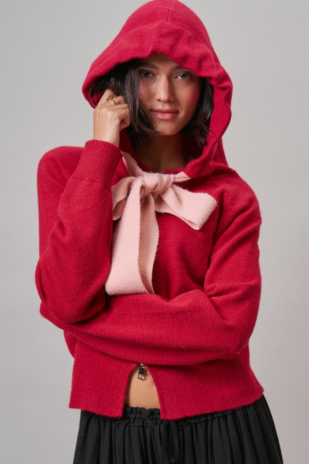 Red Bow-Tie Knit Hoodie Cardigan in Red Pink - Women's Wholesale Cardigans & Shrugs | Trend Notes