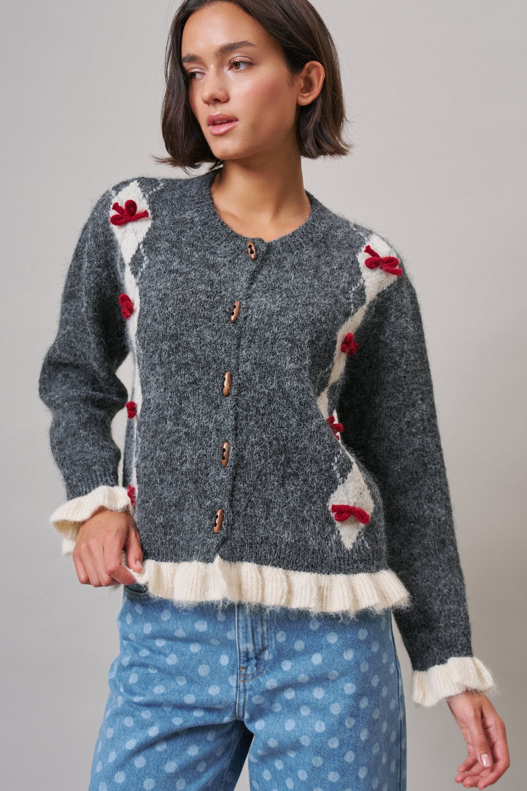 Alpine Bow Knit Cardigan in Charcoal - Women's Wholesale Cardigans & Shrugs | Trend Notes